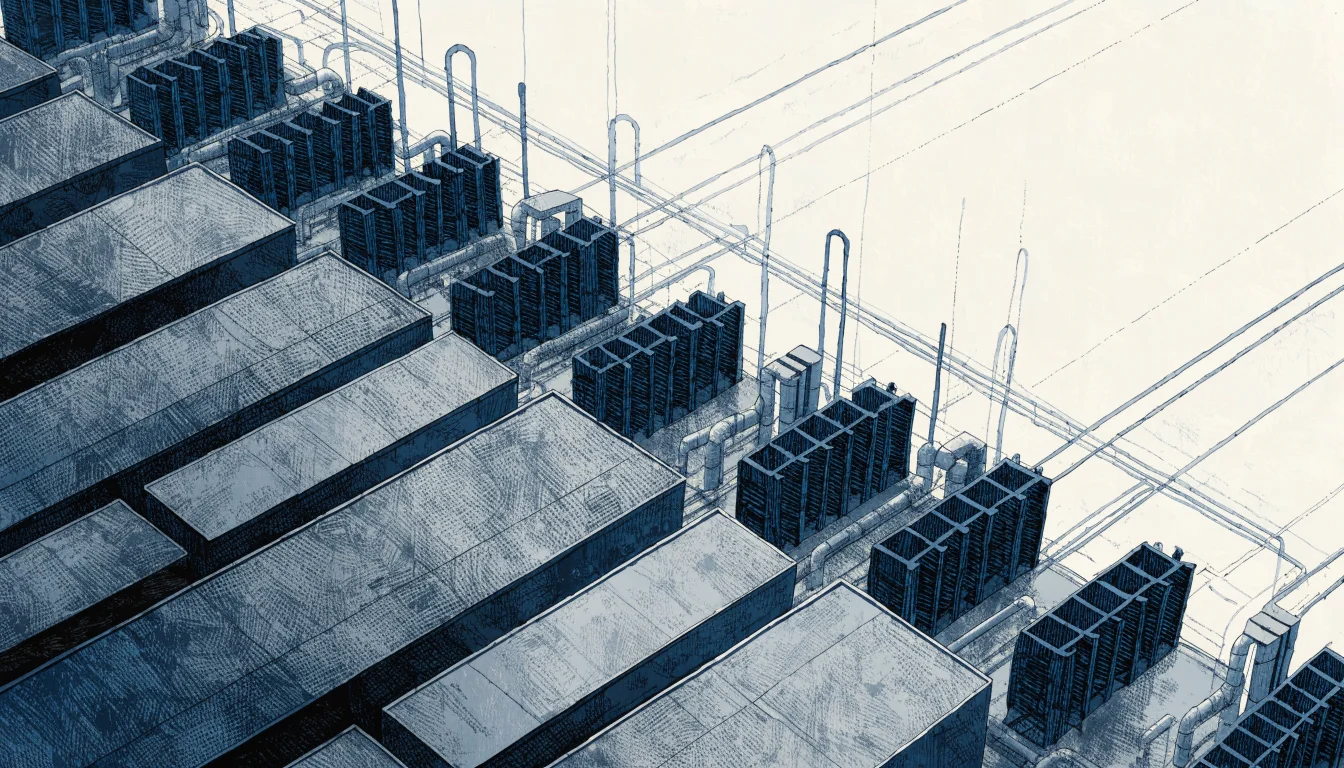 Conceptual illustration of warehouse roofs beside abstract server racks and cooling pipes, suggesting data centre demand for industrial space
