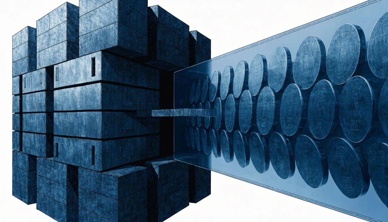 Conceptual illustration of a vault-like core linked by a bridge to a translucent ledger plane of floating token discs in blue and graphite tones.