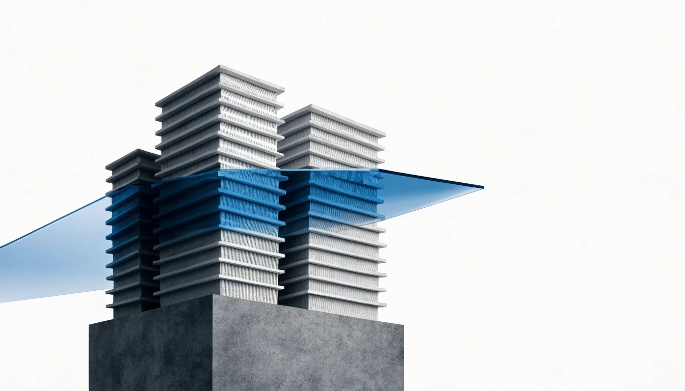 Editorial illustration of simplified apartment blocks on a graphite base with a translucent blue plane passing beneath them, suggesting a financial investment entering residential property.
