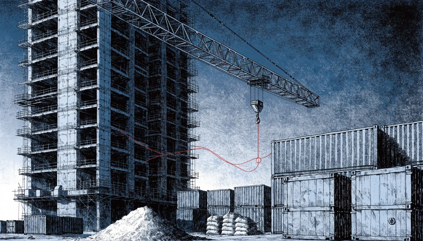 Editorial illustration of an unfinished apartment tower beside sealed mineral crates linked by a taut red thread.