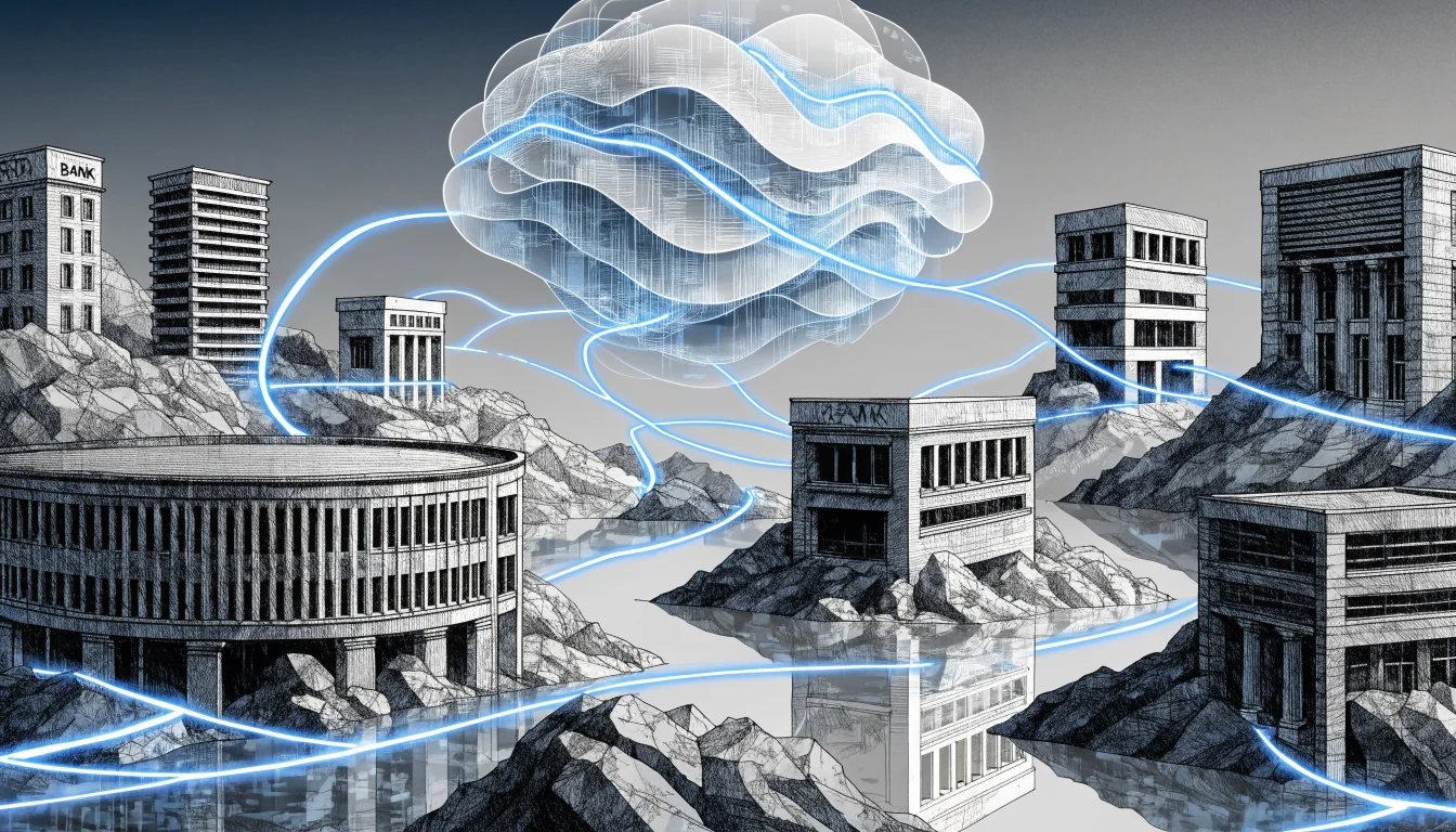 Conceptual illustration of community bank buildings linked to a central cloud ledger by blue pathways.