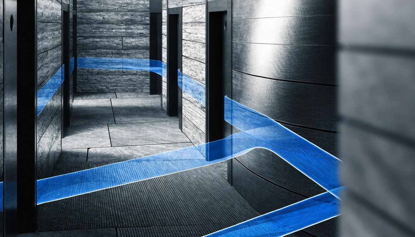 Conceptual cutaway of a graphite vault corridor with translucent blue channels routing around closed doors.