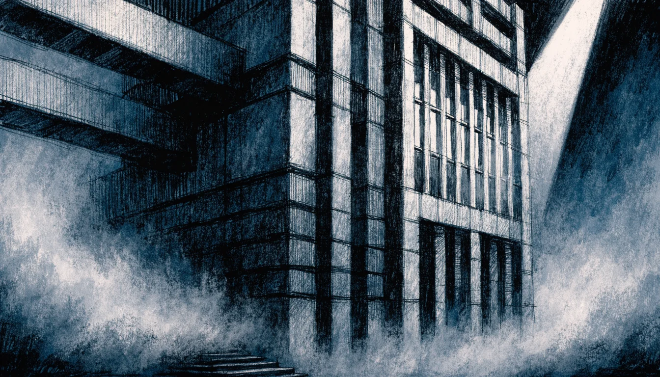 Conceptual illustration of a large building partially obscured by fog, representing market uncertainty.