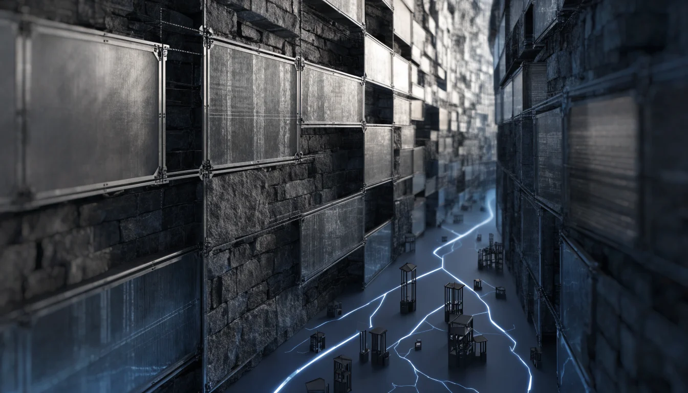 Conceptual editorial illustration of a graphite stone-and-glass ledger wall pierced by a branching blue light channel linking abstract architectural settlement nodes, rendered in a restrained blue and graphite palette.