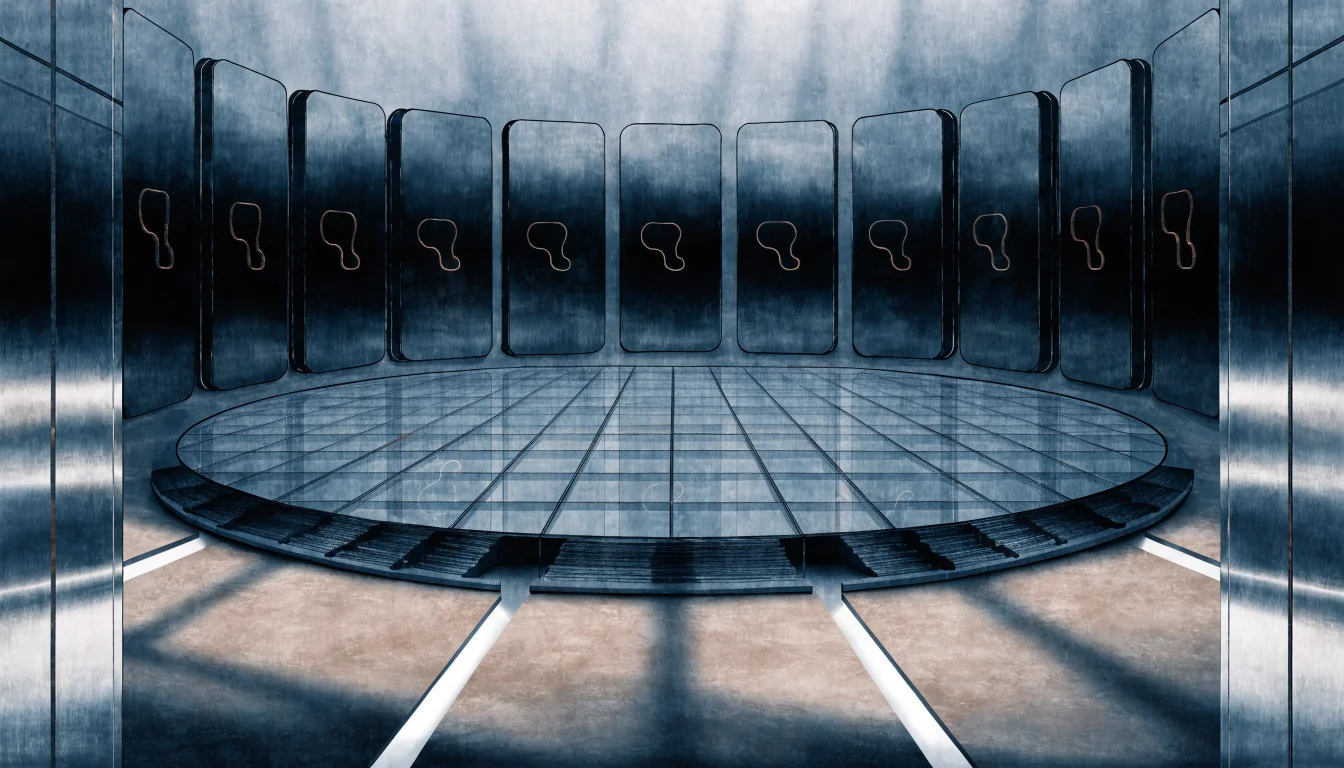 Editorial illustration of a modern exchange hall with a central glass trading floor ringed by sixteen sealed vault-like doors, suggesting selective access to tokenized share trading.