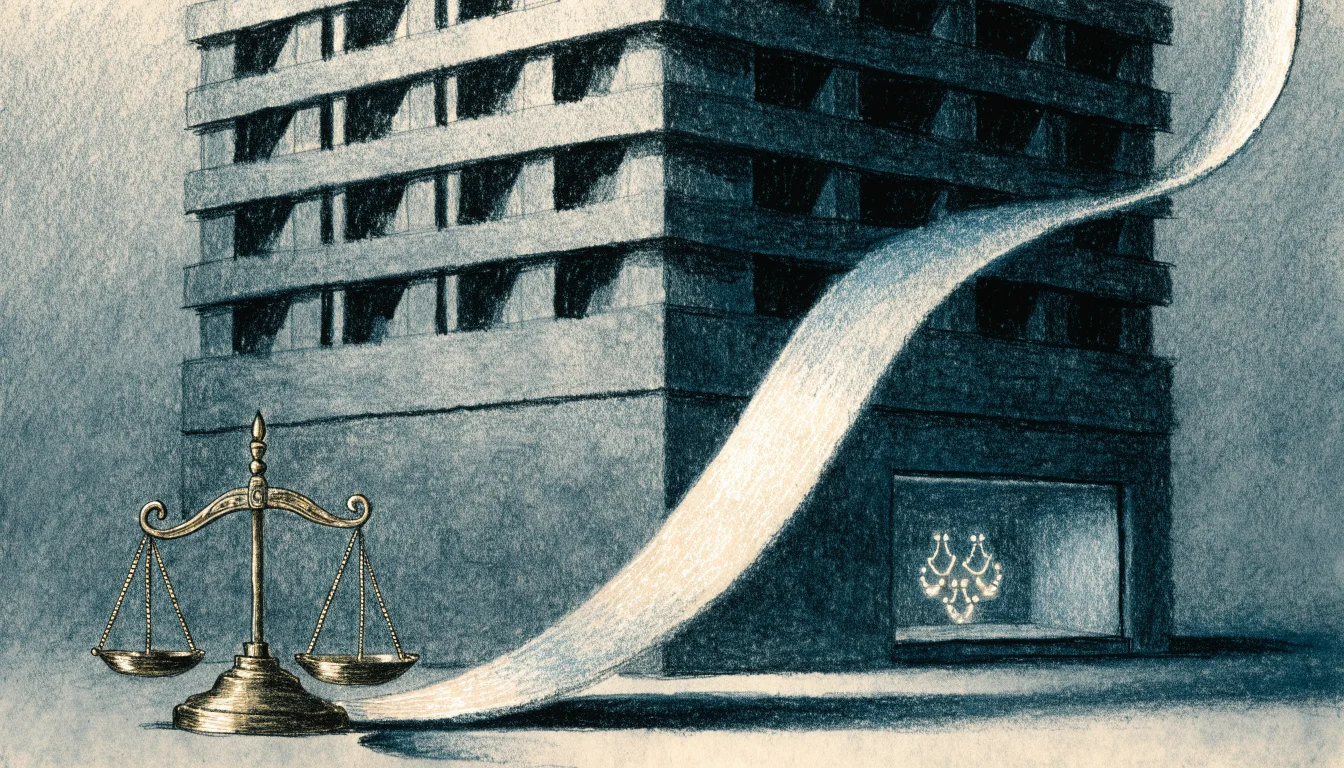 Conceptual editorial illustration of a graphite-and-blue Tokyo tower with stepped-down upper floors beside a tilting brass scale and a rising ribbon, suggesting a property price cut amid higher borrowing costs.