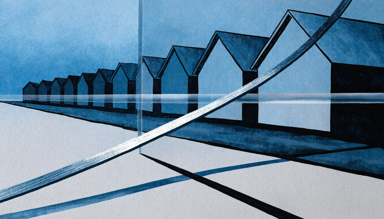 Editorial illustration of simplified house silhouettes behind a translucent glass barrier, with a rising brushed-metal line crossing the foreground, in a blue and graphite palette.