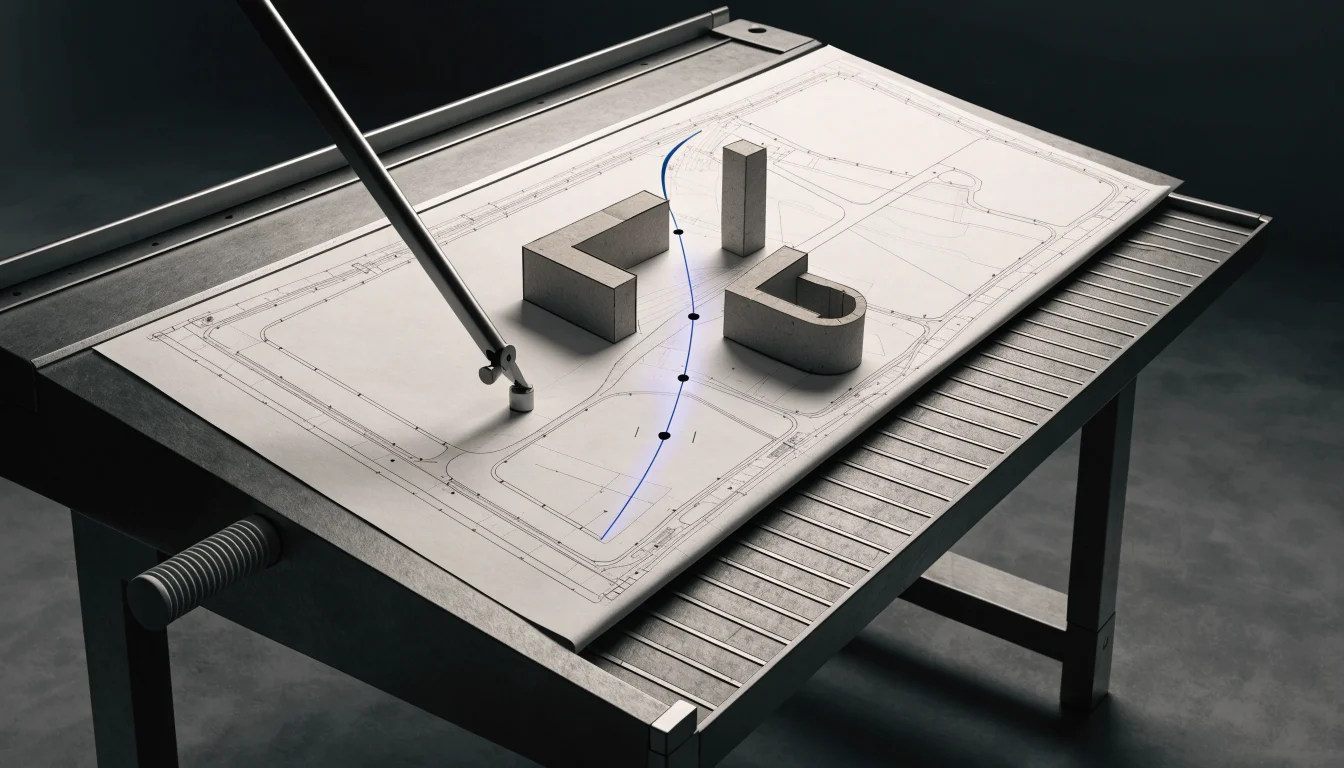 Editorial illustration of an architectural site plan with building models and a large empty plot, in blue and graphite tones.