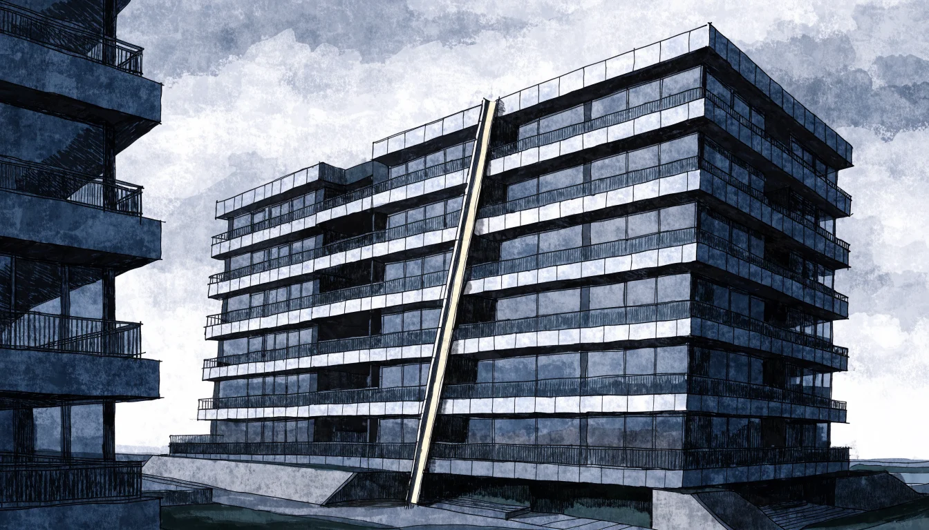 Conceptual illustration of a Sun Belt apartment building under subtle structural pressure in blue and graphite tones.