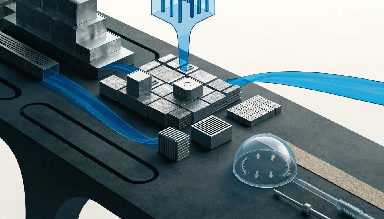 Architectural model of a city district with blue supply-flow ribbons and a mixed-direction gauge on a drafting table.