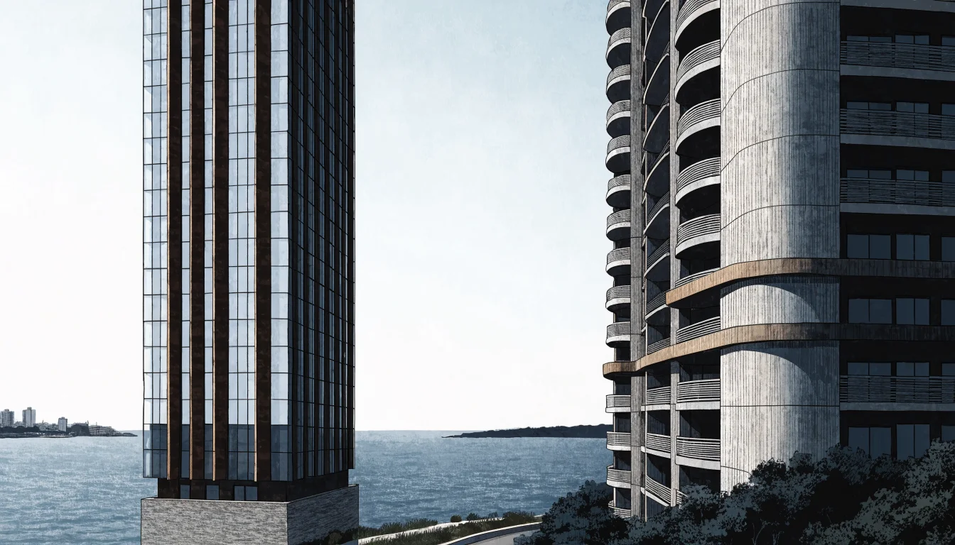 Two modern Mumbai towers contrasting unobstructed sea-facing and partial sea-view orientations.