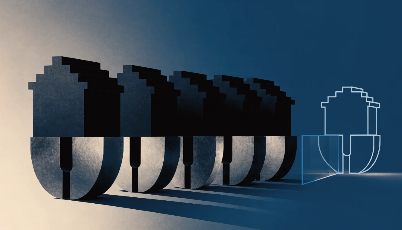 Editorial illustration of locked graphite houses behind a glass wall, one blue-outlined home set apart.