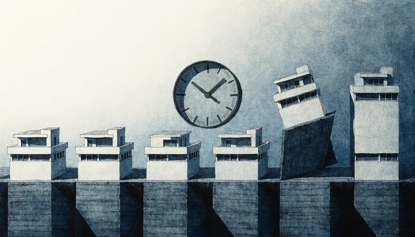 Conceptual illustration of houses on tilting platforms beneath a clock, suggesting scheduled mortgage rate resets.