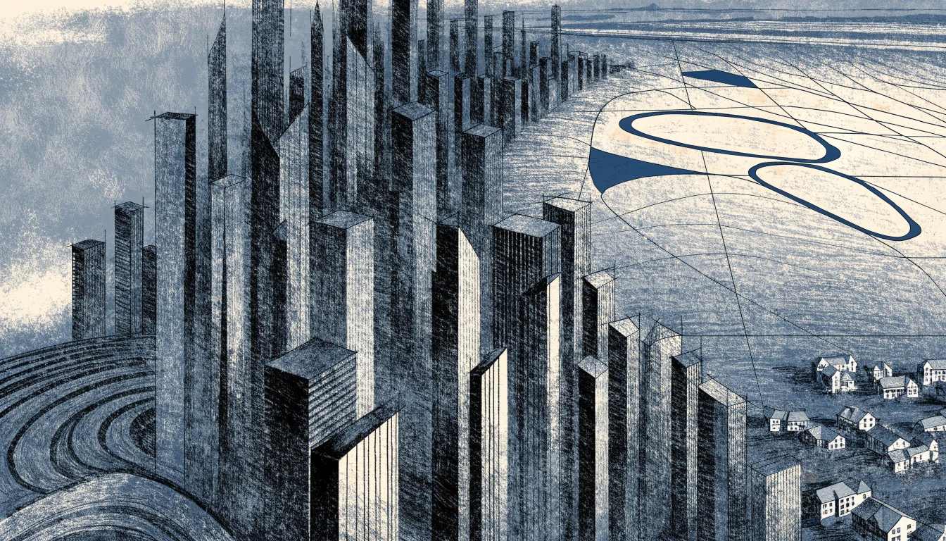 Conceptual illustration of dense city towers giving way to open northern land parcels and low-rise homes