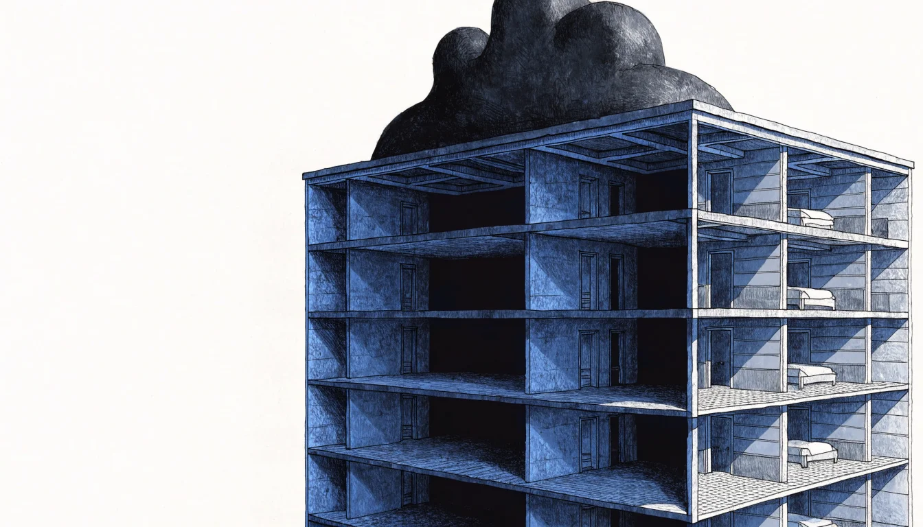 Cutaway apartment building illustration with one floor compressed under a heavy weight, in blue and graphite tones