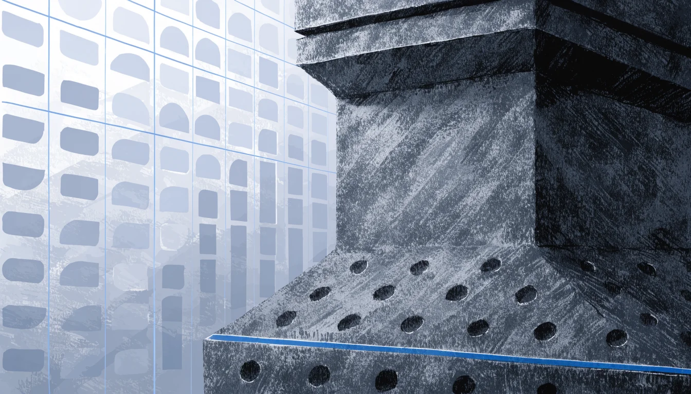 Editorial illustration of a glass ledger and graphite foundation separated by a blue regulatory line, symbolizing cost responsibility.