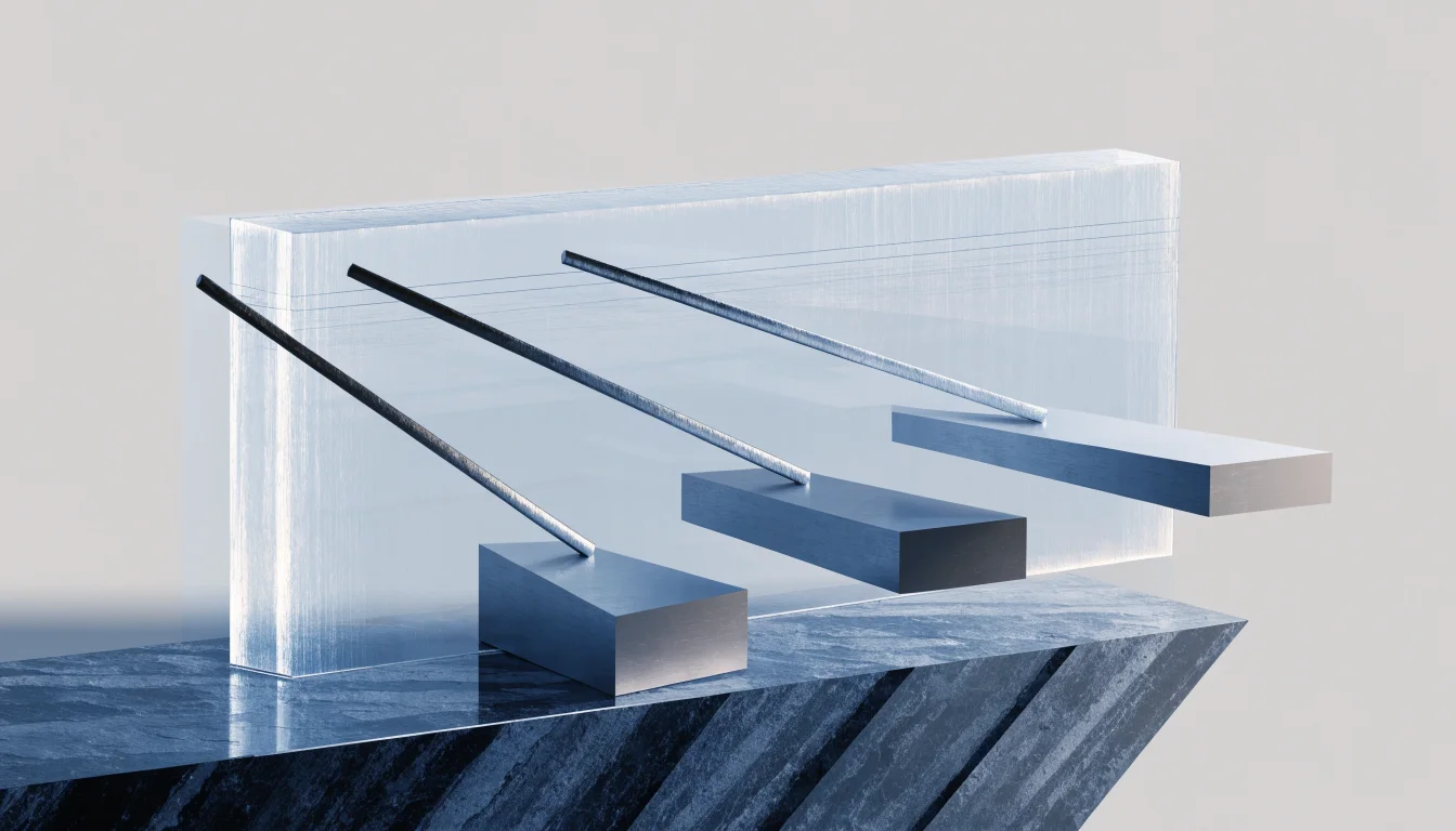 Glass ledger panel above a stone plinth with three metallic rails branching to three geometric platforms.