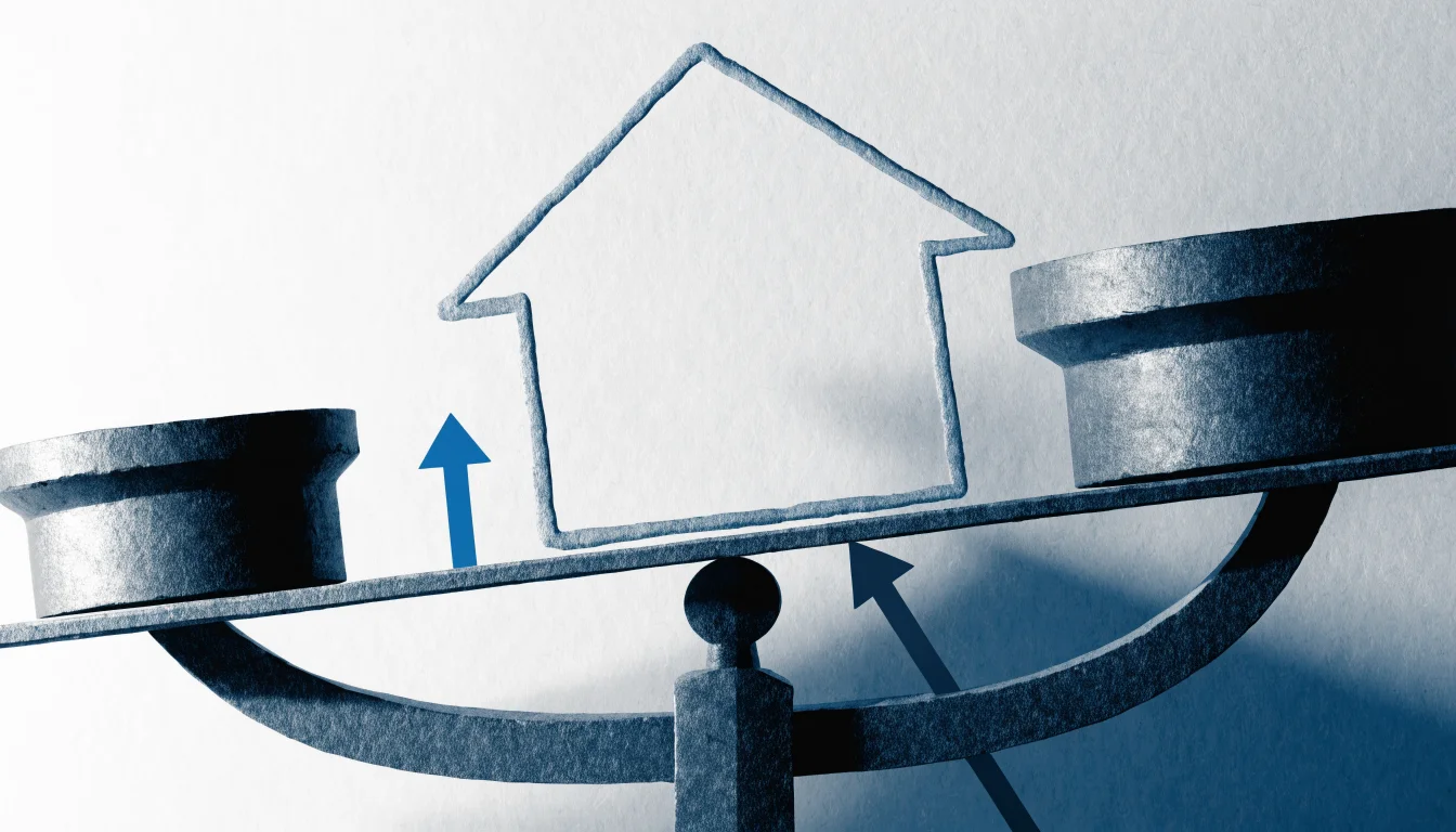 Conceptual illustration of a house weighed against costs on a balance scale in blue and graphite tones.
