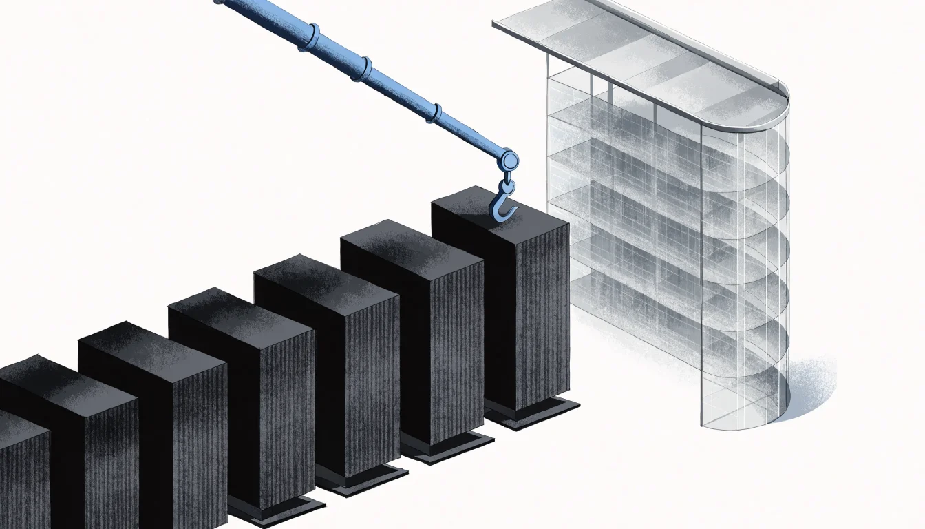 Conceptual illustration of apartment blocks being moved into a translucent public vault by a crane